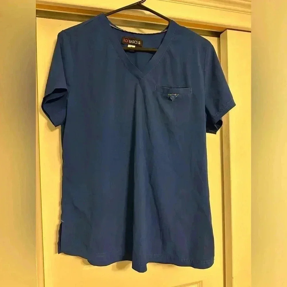Koi Basics Women’s M Royal Blue Short Sleeve V Neck Scrub Top Medical Nurse EUC!